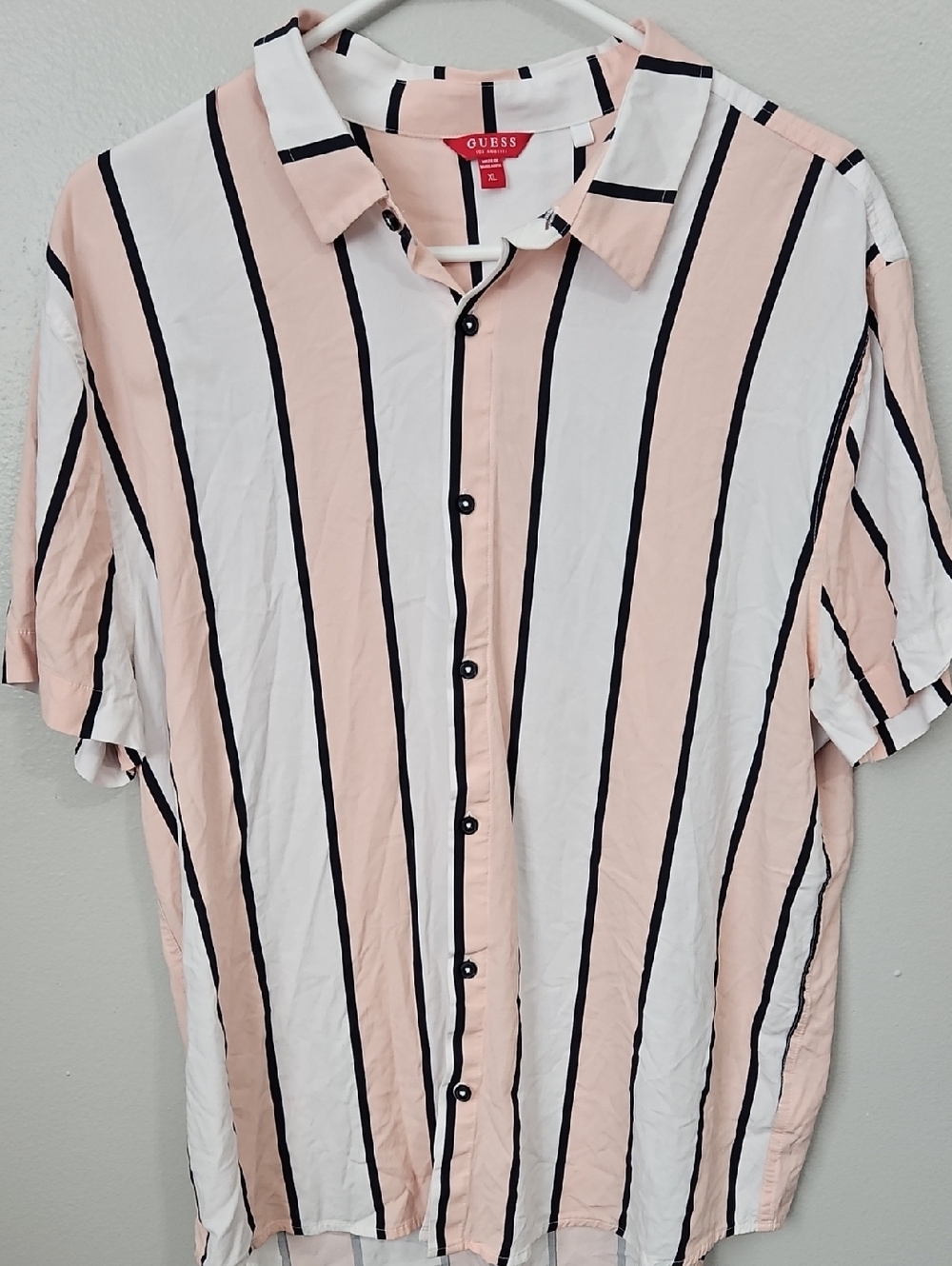 GUESS Men’s Peach, White & Black Vertical Stripe Short-Sleeve Shirt